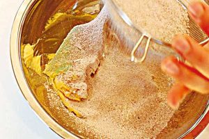 （5）に、（4）の粉類を再度ふるって加え、ゴムべらで混ぜ合わせる。生地がまとまってきたら、四角く平らに形を整えてラップで包み、冷蔵庫で2～3時間休ませる。