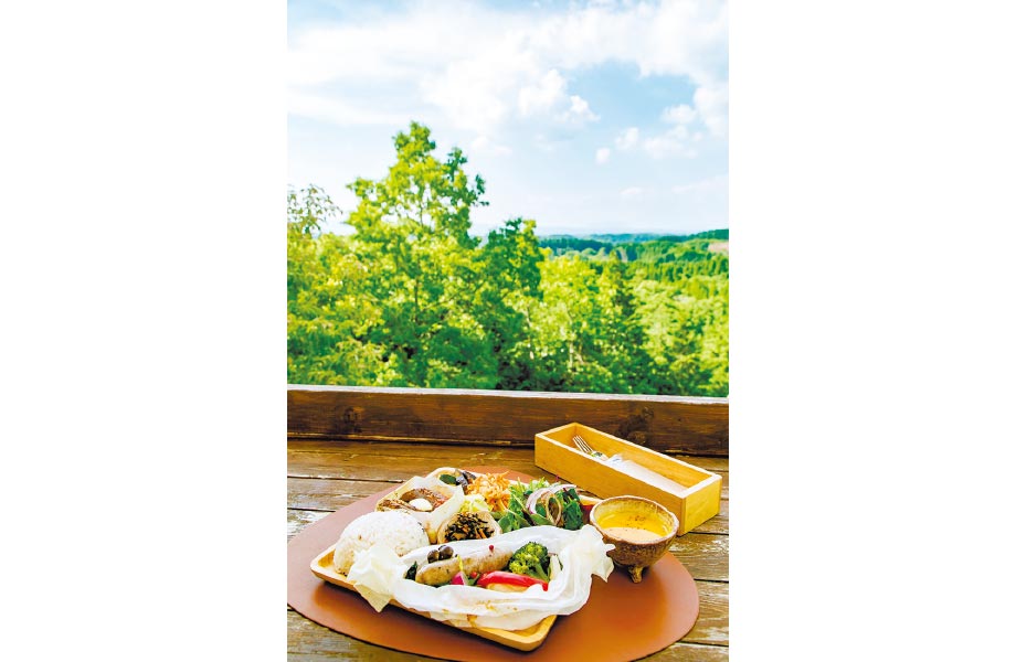 坂本牧場・梅山豚のソーセージや山都町産の新鮮野菜を使った「山の都のピクニックプレート」2000円が評判。「阿蘇五岳のお席」から望む絶景と一緒に楽しんで。スイーツはパフェ900円など