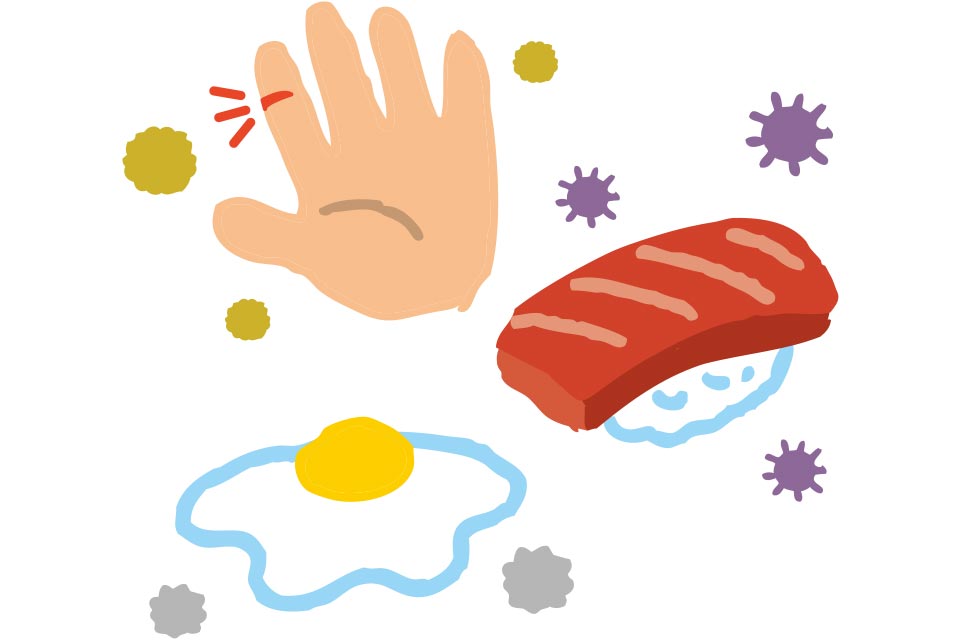 食中毒は細菌などが付着した物を食べることで起き、発熱、吐き気、嘔吐、腹痛、下痢、筋肉痛などの症状が出ます