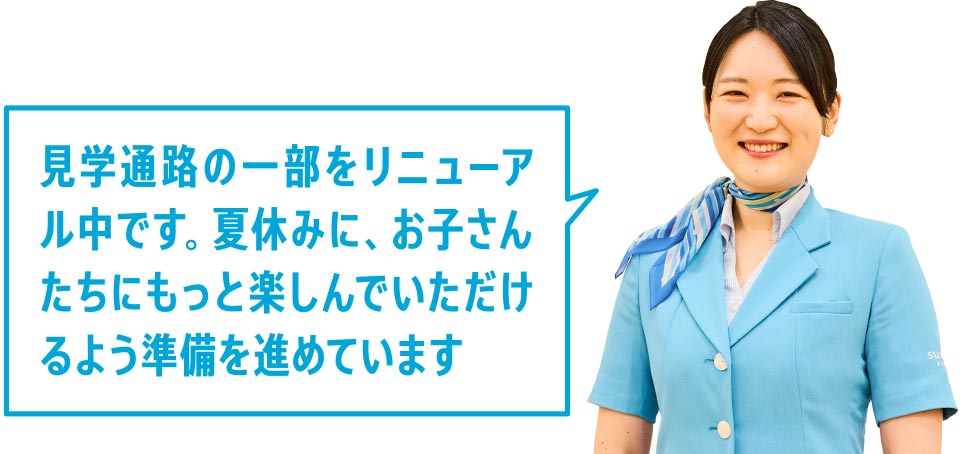 見学通路の一部をリニューアル中です。夏休みに、お子さんたちにもっと楽しんでいただけるよう準備を進めています