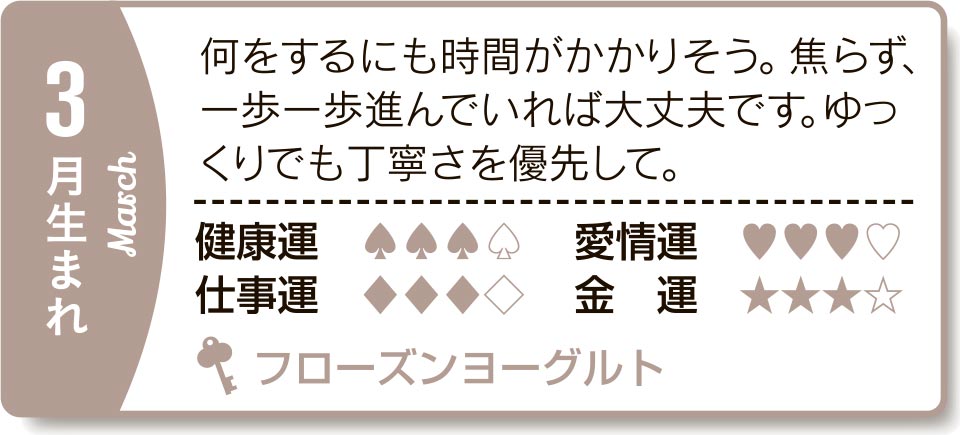 3月生まれ 何をするにも時間がかかりそう。焦らず、一歩一歩進んでいれば大丈夫です。ゆっくりでも丁寧さを優先して。