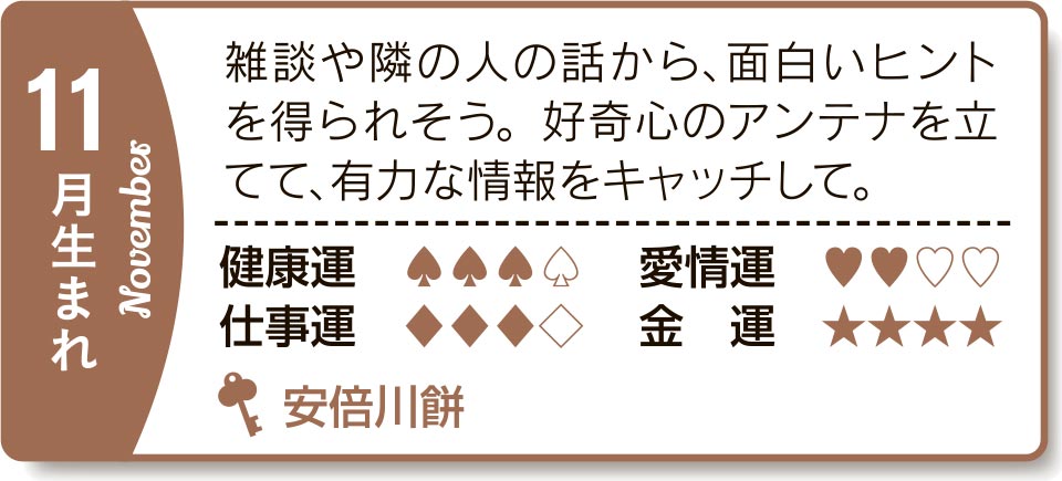 11月生まれ 雑談や隣の人の話から、面白いヒントを得られそう。好奇心のアンテナを立てて、有力な情報をキャッチして。