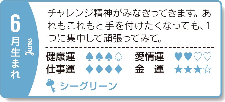 6月生まれ チャレンジ精神がみなぎってきます。あれもこれもと手を付けたくなっても、1つに集中して頑張ってみて。