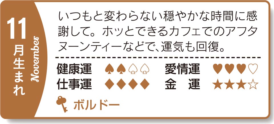 11月生まれ いつもと変わらない穏やかな時間に感謝して。ホッとできるカフェでのアフタヌーンティーなどで、運気も回復。