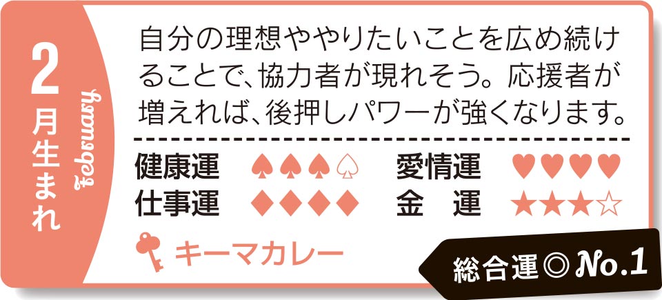 2月生まれ 自分の理想ややりたいことを広め続けることで協力者が現れそう。応援者が増えれば、後押しパワーが強くなります。
