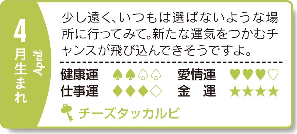 4月生まれ 少し遠く、いつもは選ばないような場所に行ってみて。新たな運気をつかむチャンスが飛び込んできそうですよ。
