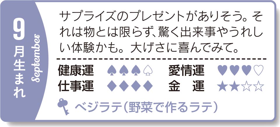 9月生まれ サプライズのプレゼントがありそう。それは物とは限らず、驚く出来事やうれしい体験かも。大げさに喜んでみて。
