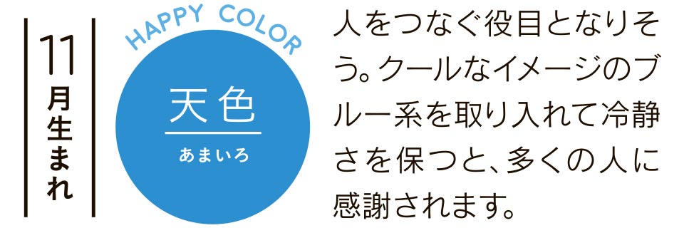 11月生まれ 人をつなぐ役目となりそう。クールなイメージのブルー系を取り入れて冷静さを保つと、多くの人に感謝されます。