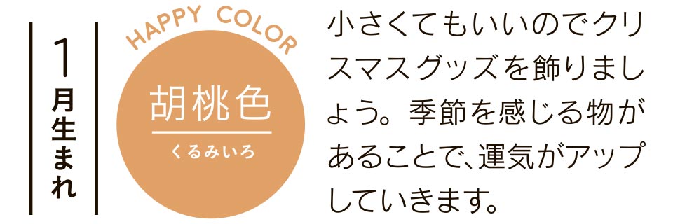 胡桃色 小さくてもいいのでクリスマスグッズを飾りましょう。季節を感じる物があることで、運気がアップしていきます。