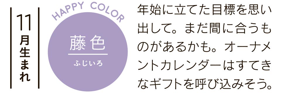 藤色 年始に立てた目標を思い出して。まだ間に合うものがあるかも。オーナメントカレンダーはすてきなギフトを呼び込みそう。