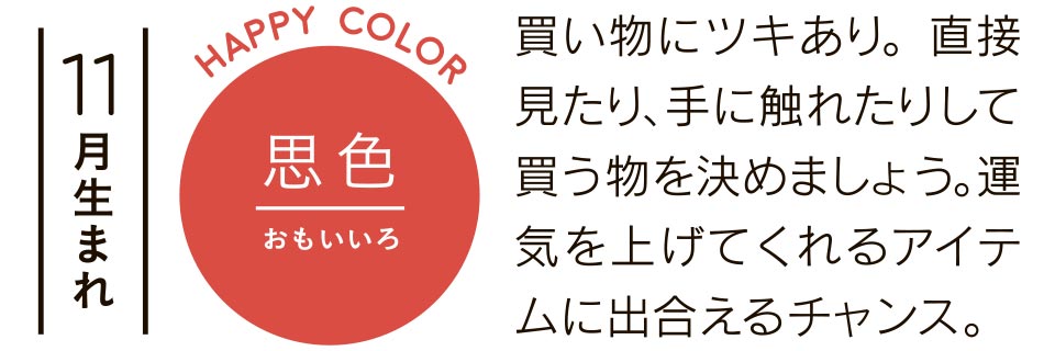 11月生まれ 思色 買い物にツキあり。直接見たり、手に触れたりして買う物を決めましょう。運気を上げてくれるアイテムに出合えるチャンス。