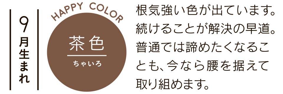 9月生まれ 茶色 根気強い色が出ています。続けることが解決の早道。普通では諦めたくなることも、今なら腰を据えて取り組めます。