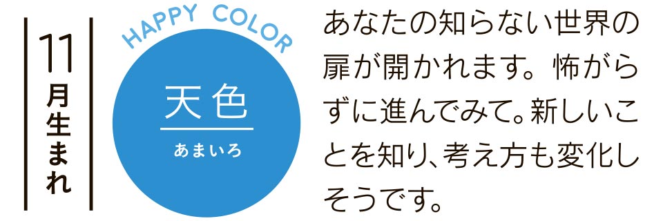 11月生まれ 天色 あなたの知らない世界の扉が開かれます。怖がらずに進んでみて。新しいことを知り、考え方も変化しそうです。