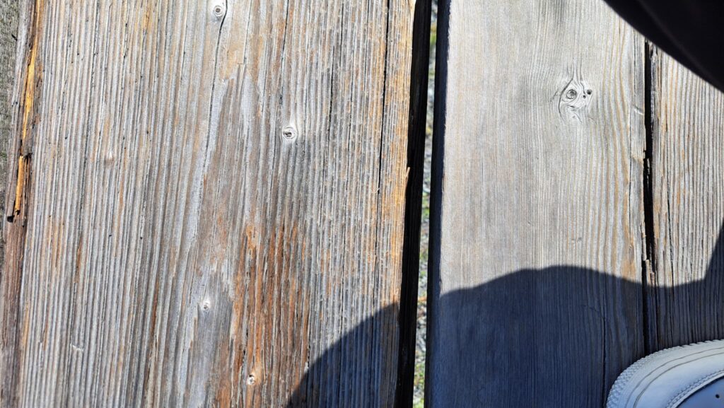 蓬莱橋で足元を見た景色。板の隙間から下の地面が見えている