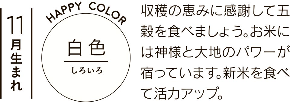 11月生まれ 白色 収穫の恵みに感謝して五穀を食べましょう。お米には神様と大地のパワーが宿っています。新米を食べて活力アップ。