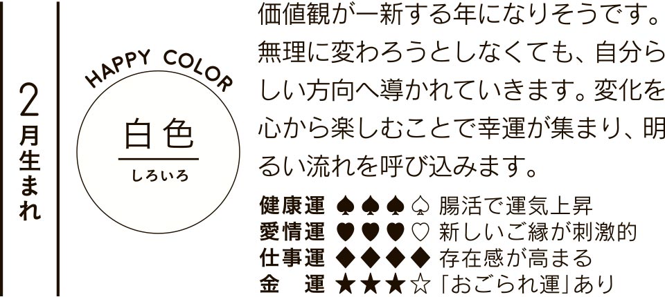 2月生まれ 白色 価値観が一新する年になりそうです。無理に変わろうとしなくても、自分らしい方向へ導かれていきます。変化を心から楽しむことで幸運が集まり、明るい流れを呼び込みます。