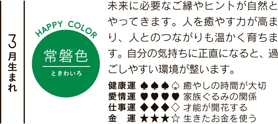 3月生まれ 常磐色 未来に必要なご縁やヒントが自然とやってきます。人を癒やす力が高まり、人とのつながりも温かく育ちます。自分の気持ちに正直になると、過ごしやすい環境が整います。