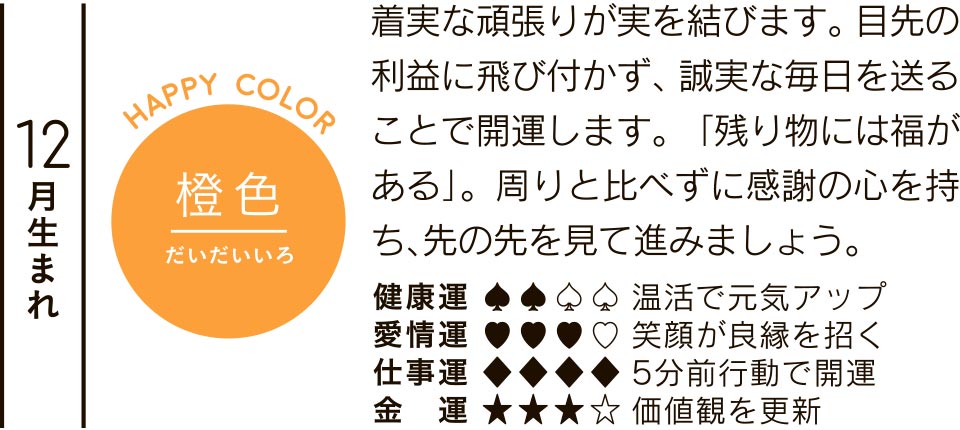 12月生まれ 橙色 着実な頑張りが実を結びます。目先の利益に飛び付かず、誠実な毎日を送ることで開運します。「残り物には福がある」。周りと比べずに感謝の心を持ち、先の先を見て進みましょう。