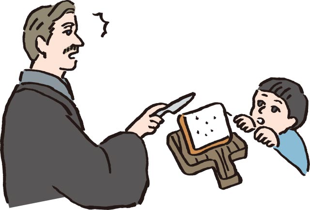 パンを切り分ける途中でぼんやりしている八雲のイラスト