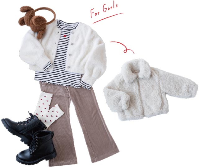 【キッズコーデ】アウター、ブーツ(男女兼用、一部店舗とオンラインストアにて販売)各2990円、カーディガン2490円、中に着たトップス、パンツ、イヤーマフ(男女兼用)各1290円、ソックス490円(2足セット)/すべてC