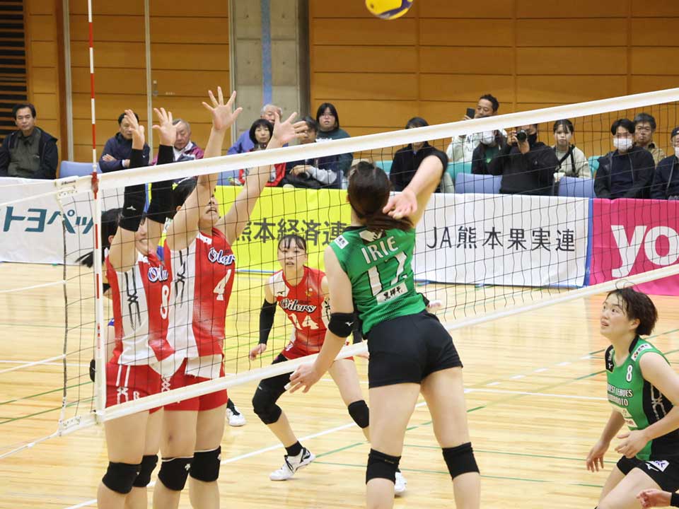 試合で力強いスパイクを決める入江選手(背番号12)。チームの得点源として躍動する姿で、他の選手を鼓舞します